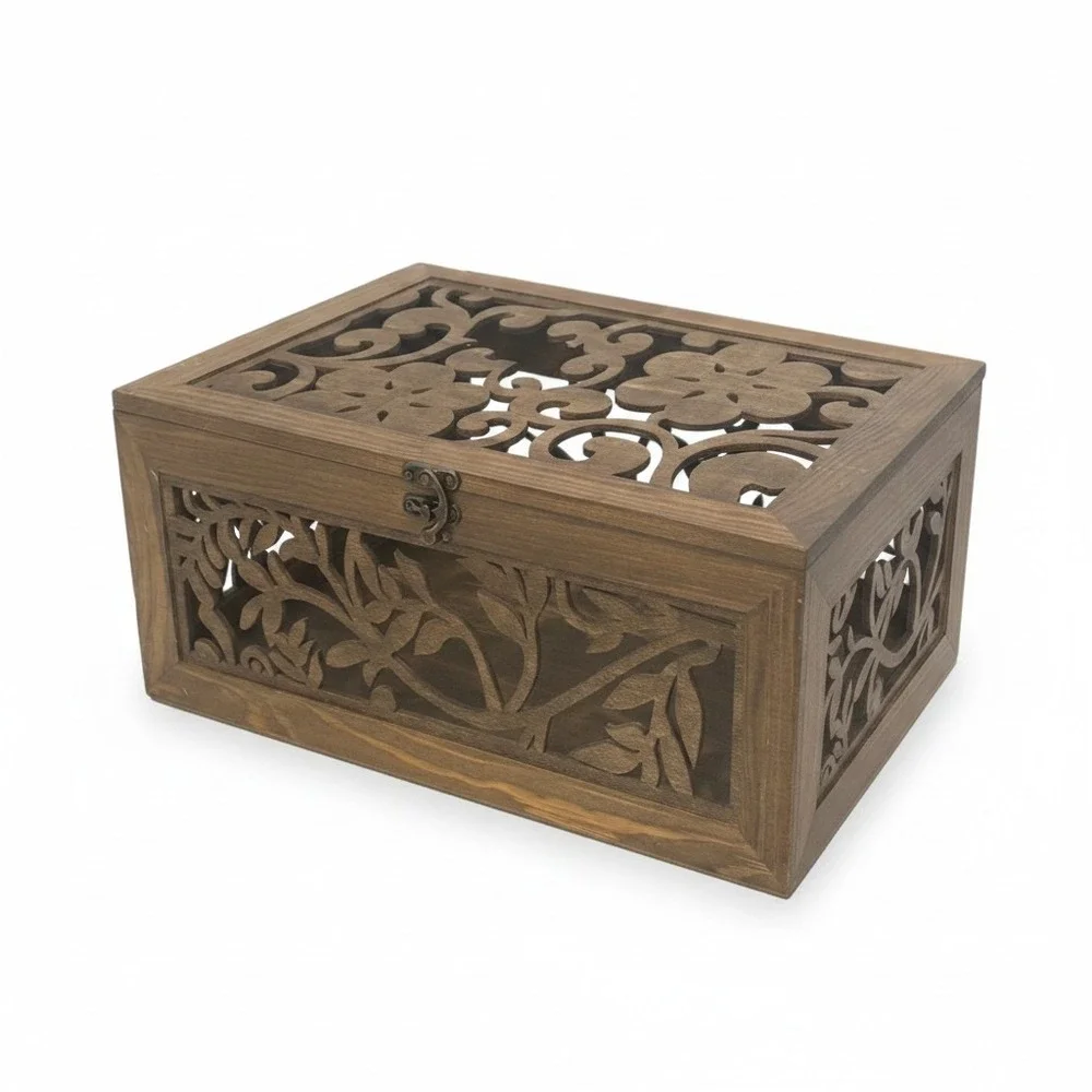 Laser Cut Wooden Keepsake Box Large Brown Floral Filigree Carved Latch Chest